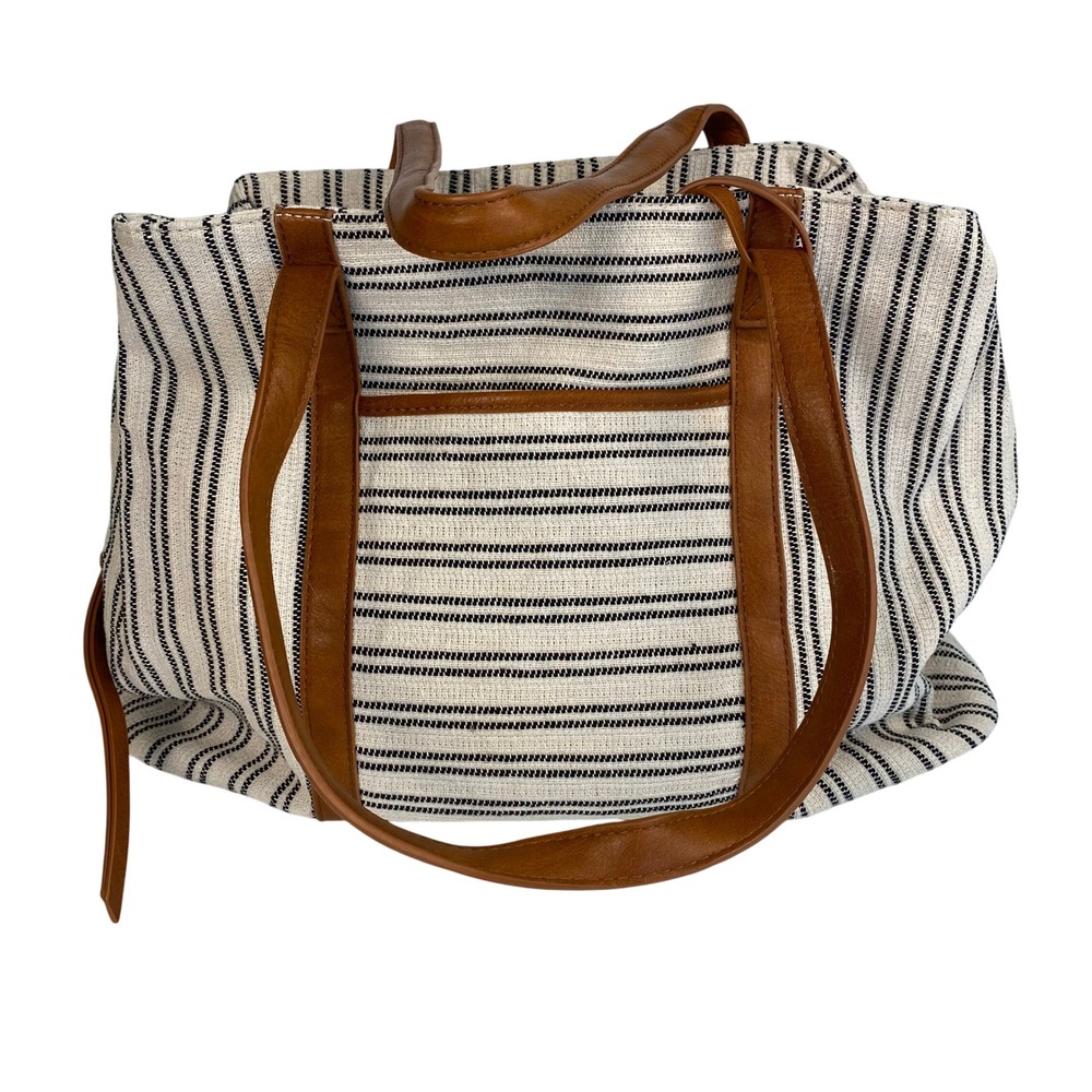 Madison West Striped Tote Bag Beige Black Canvas Leather Trim